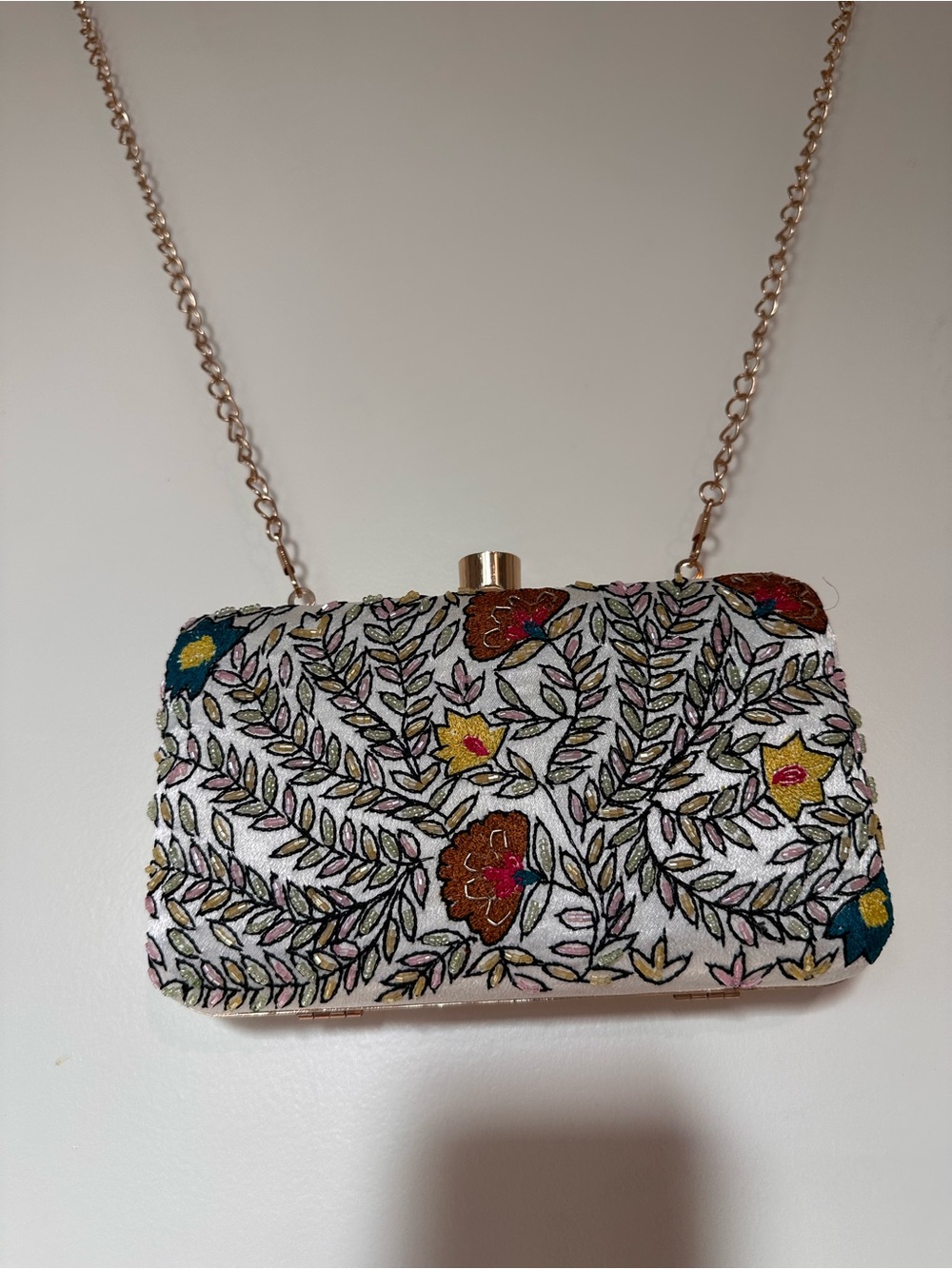 Embroidered Floral Ivory Clutch with Rose Gold Chain